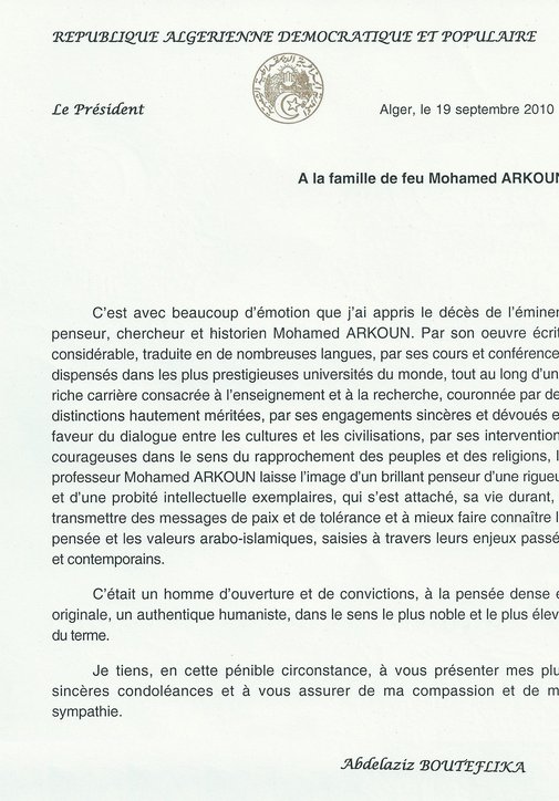 Hommage du président Algérien Abdelaziz BOUTEFLIKA